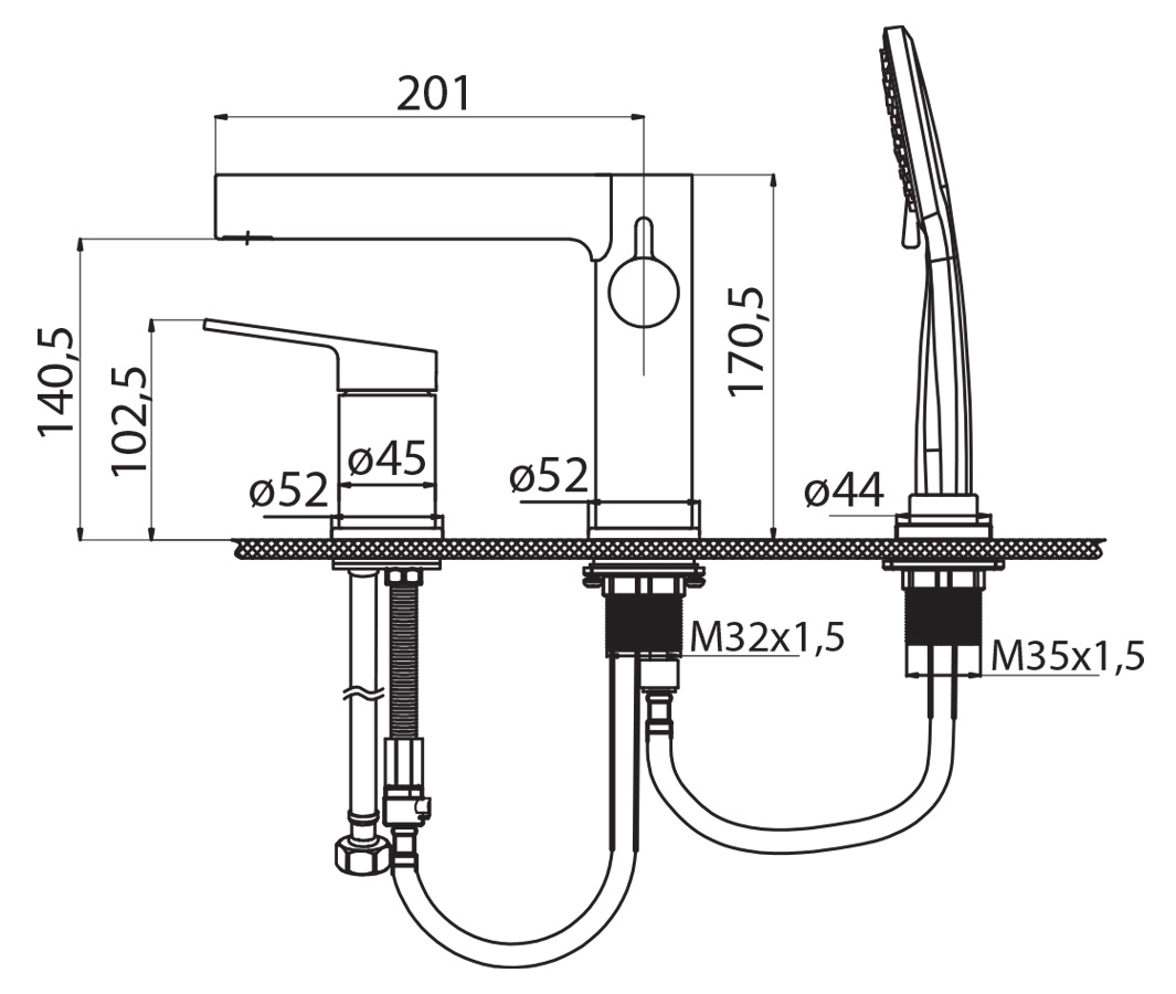 DELTA Смеситель на борт ванны с ручным выдвижным душем, чёрный матовый, DEL-BVD3-NERO - Gidratop.ru изображение