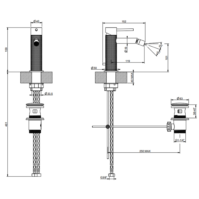 GESSI 316 смеситель для биде на 1 отверстие, с донным клапаном, излив 118мм, цвет: brushed black metal pvd - Gidratop.ru изображение
