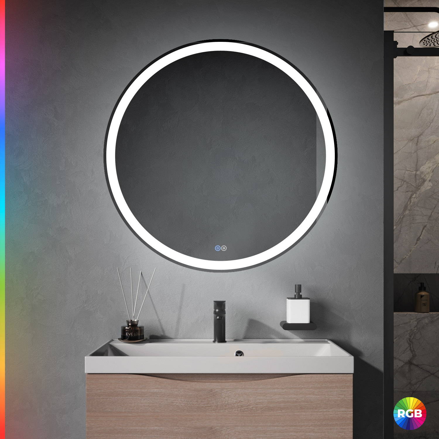 MULTICOLORE Зеркало со встроенной разноцветной подсветкой RGB и сенсорным выключателем, круглое CZR-SPC-MC-800-RGB-TCH, 12V, 220-240V, 800x30 - Gidratop.ru изображение