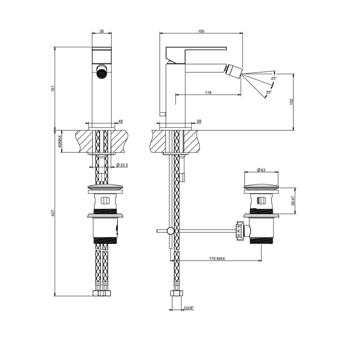 Gessi Rettangolo смеситель для биде на 1 отверстие, с донным клапаном, цвет: черный - Gidratop.ru изображение