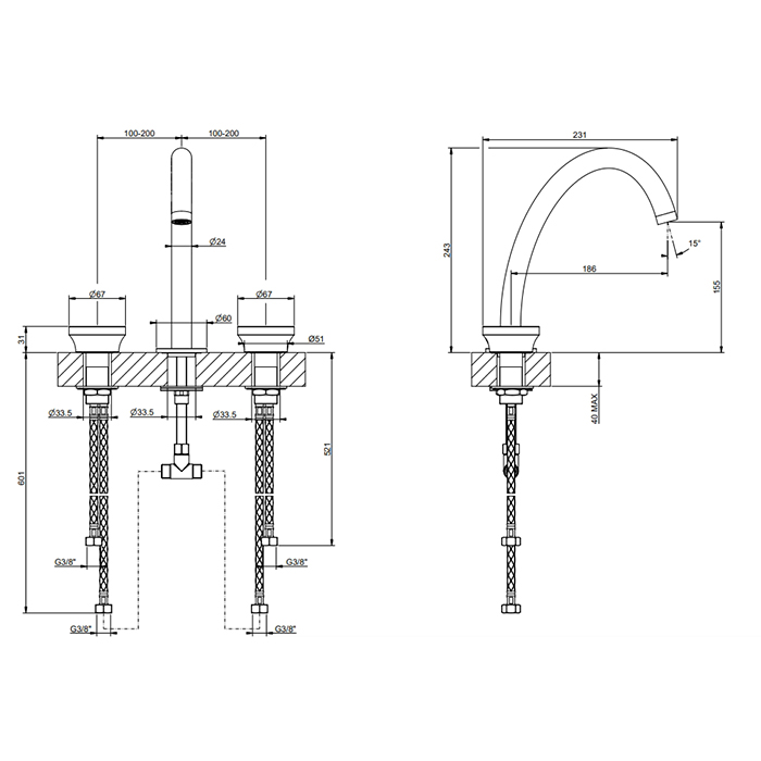 GESSI Origini смеситель для раковины на 3 отв, без донного клапапна, в компл с отд вставкой, цвет Copper Brushed PVD - Gidratop.ru изображение