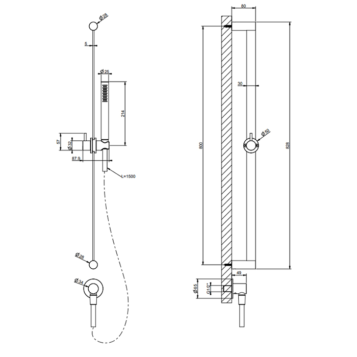 GESSI 316 штанга в комплекте с душевой лейкой с легкой очисткой, шланг 1,50 м, вывод воды из стены, цвет: brushed black metal pvd - Gidratop.ru изображение
