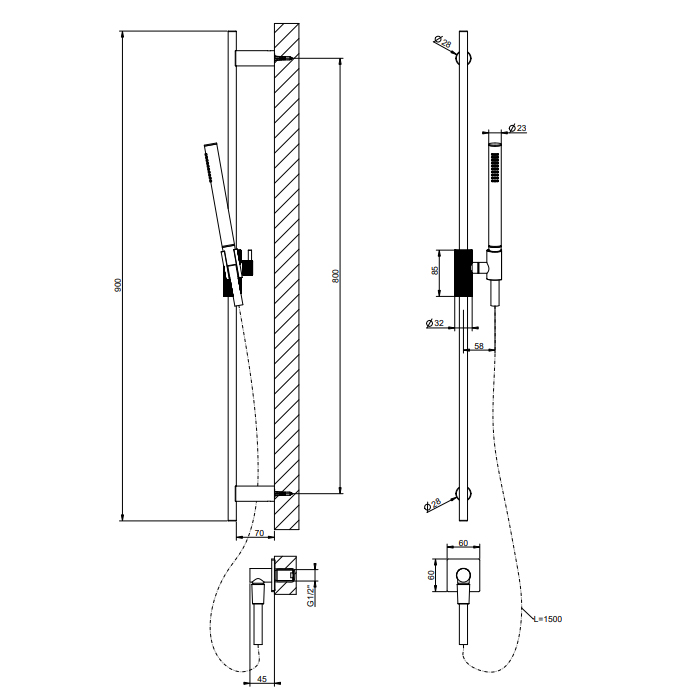 GESSI  INVERSO DIAMANTATO штанга в комплекте с душевой лейкой , гибкий шланг 1,50 м и вывод воды , цвет: Matte Black - Gidratop.ru изображение