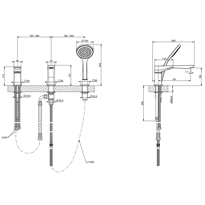 GESSI Rilievo смеситель на борт ванны на 3 отв, с убирающаяся душевой лейкой , цвет: хром - Gidratop.ru изображение