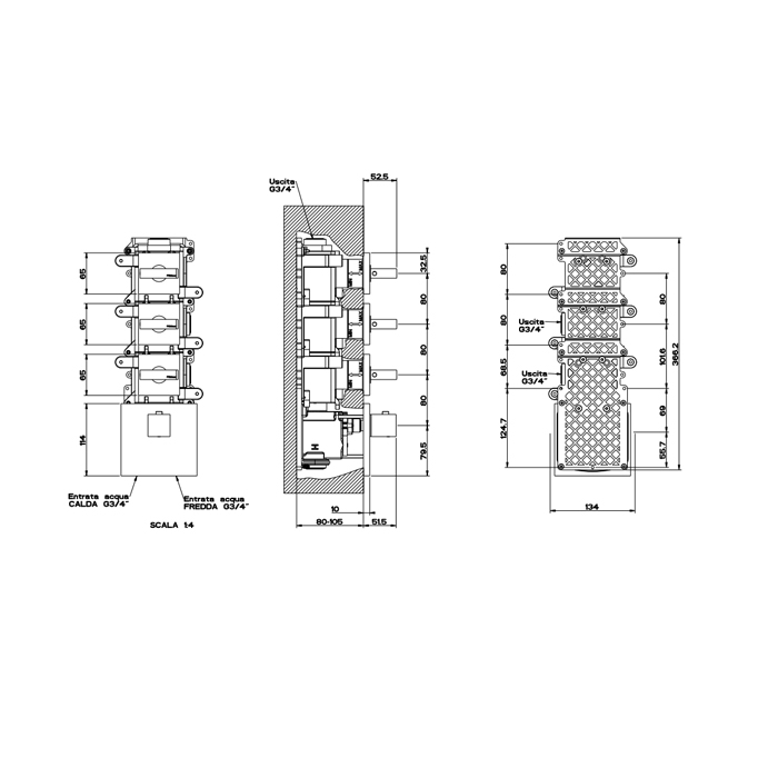 Gessi Rettangolo встраиваемый термостат, подключение на 3/4, с 3мя независимыми выходами(внешние части), цвет: черный - Gidratop.ru изображение