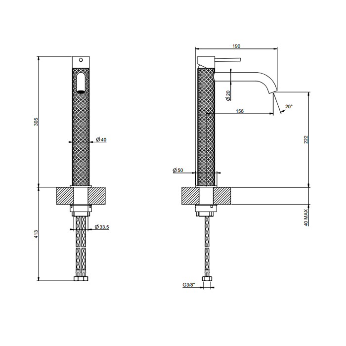 GESSI 316 смеситель для раковины на 1 отверстие высокий, без донного клапана, h=305мм , излив 123мм, цвет: brushed black metal pvd - Gidratop.ru изображение