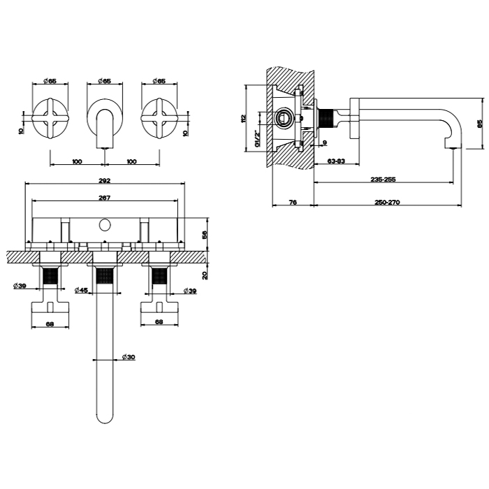 GESSI INCISO встраиваемый смеситель для раковины на 3 отверстия с изливом 255-235мм (внешние части), цвет: золото - Gidratop.ru изображение