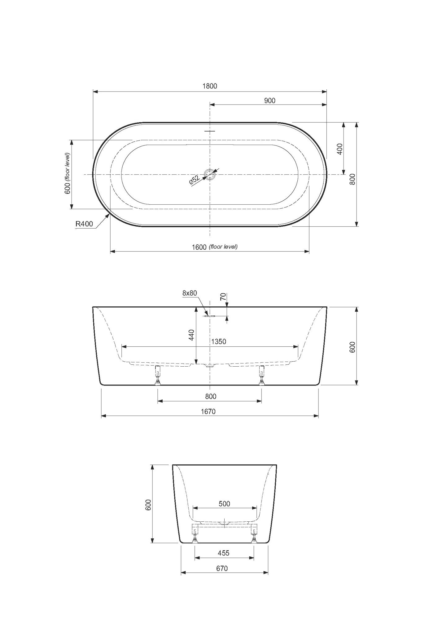 Акриловая ванна CEZARES METAURO-INT-Central-180-80-60-B-W-MATT - Gidratop.ru изображение