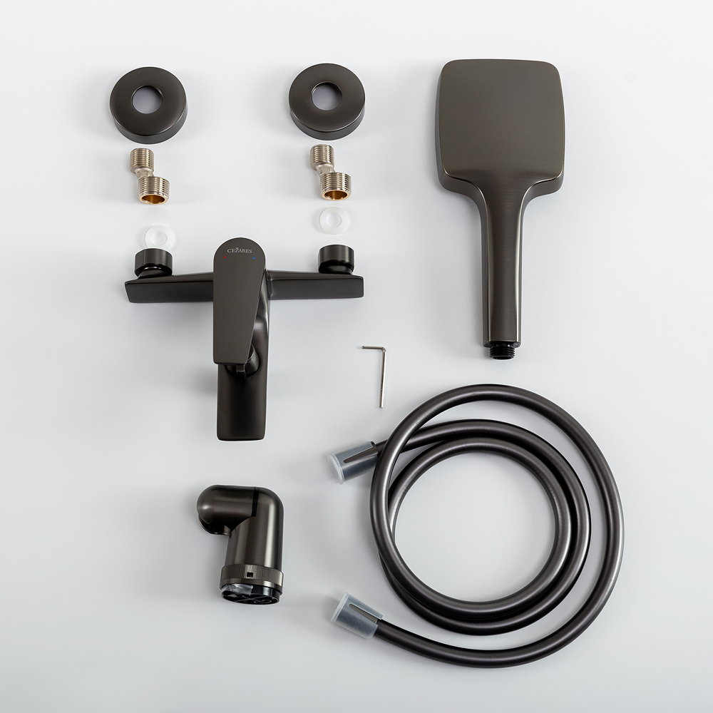 LINER-VD-GM Смеситель для ванны и душа однорычажный  в комплекте с ручным душем, шлангом и держателем, исполнение оружейная сталь - Gidratop.ru изображение