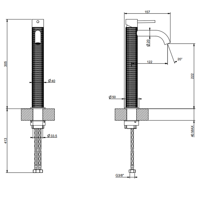 GESSI 316 смеситель для раковины на 1 отверстие, высокий h=305мм, без донного клапана, излив 123мм, цвет: brushed black metal pvd - Gidratop.ru изображение