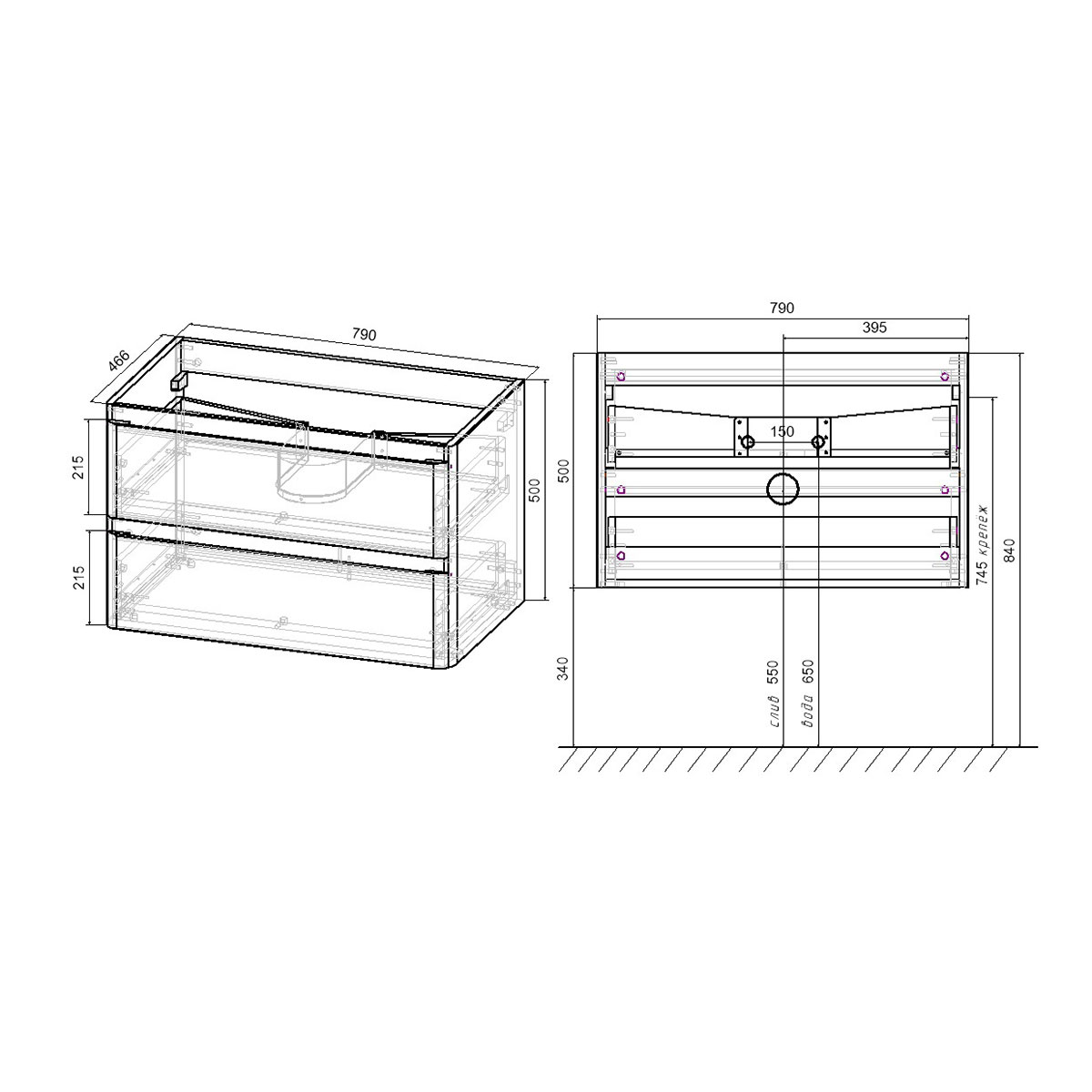 База под раковину Vico 800 подвесная, 2 выкатных ящика soft close, Beton - Gidratop.ru изображение