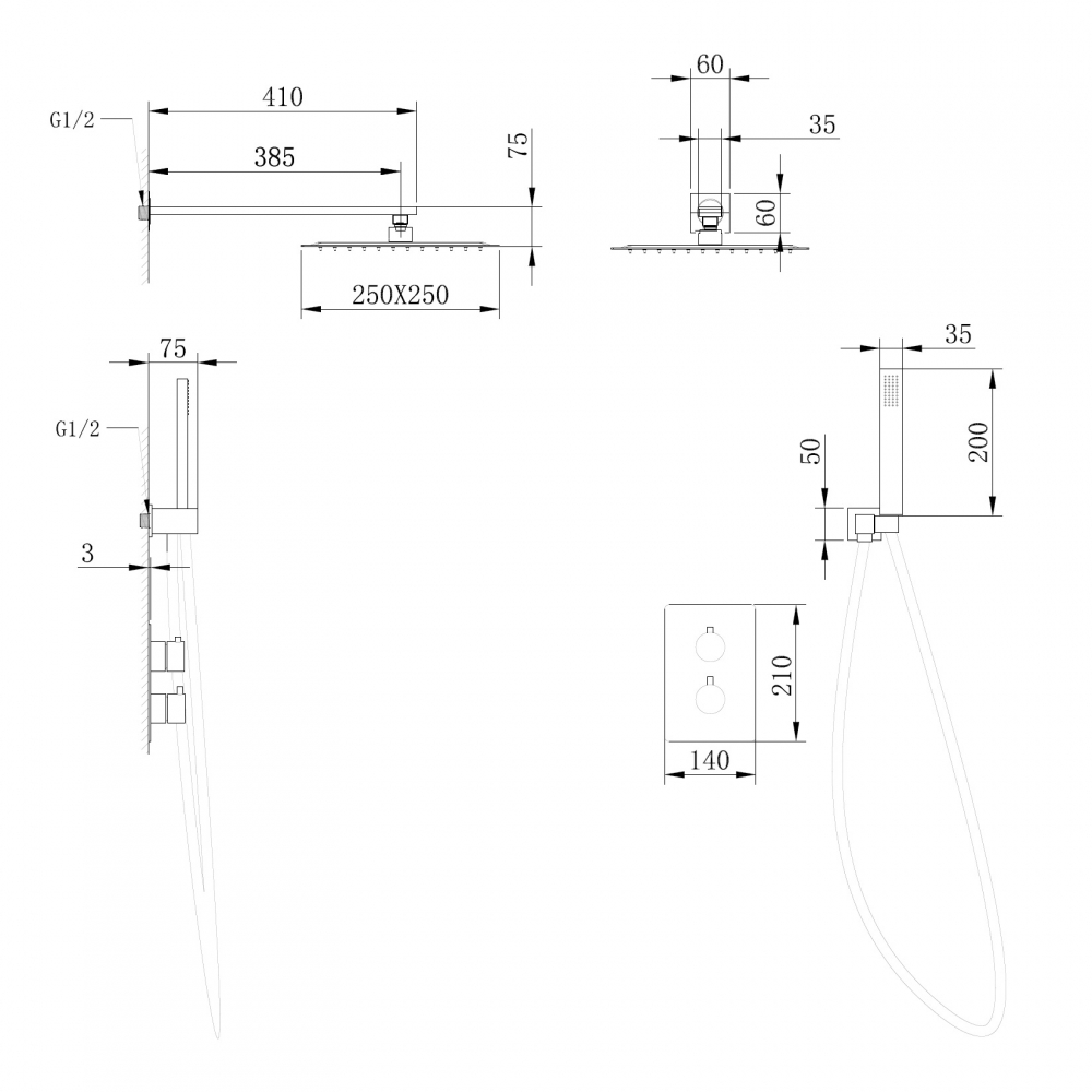 Душевая система ABBER Weiss Insel AF8051B скрытого монтажа без излива, термостат, черный матовый - Gidratop.ru изображение