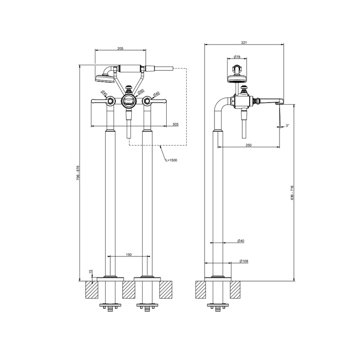 GESSI VENTI20 смеситель для ванны напольный, двухвентильный, с ручным душем и шлангом 1500 мм., внешняя часть, цвет Black Metal Brushed PVD - Gidratop.ru изображение