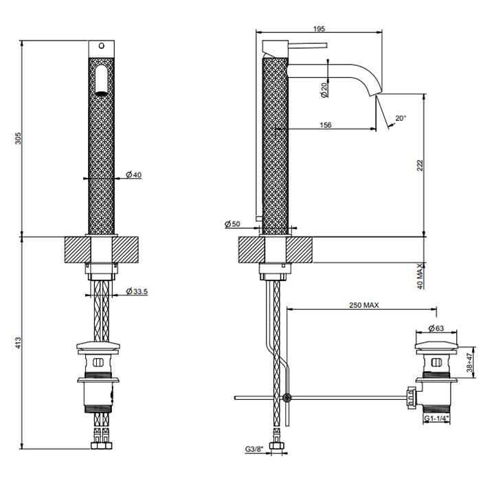 GESSI 316 смеситель высокий для раковины на 1 отверстие с донным клапаном, h=305мм , излив 156мм, цвет: brushed black metal pvd - Gidratop.ru изображение