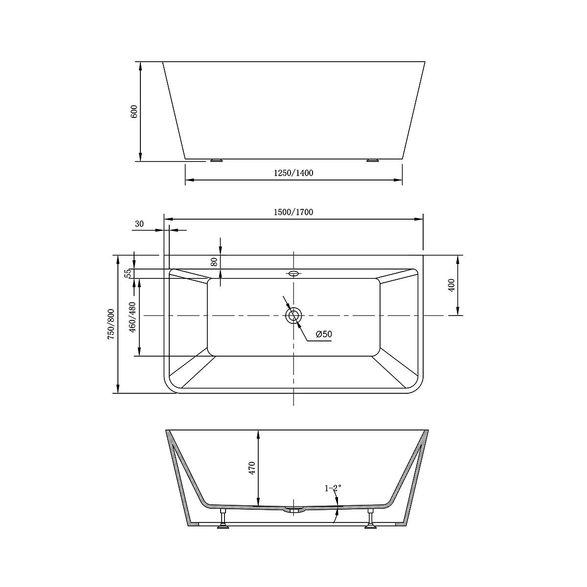 Ванна акриловая Vincea VBT-425-1700 1700*800*600, цвет белый, щелевой перелив - Gidratop.ru изображение