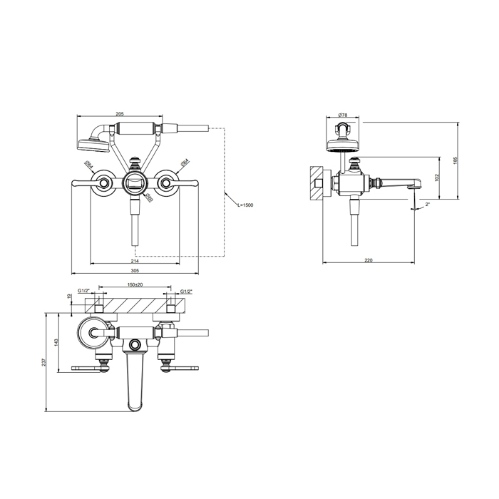 GESSI VENTI20 смеситель для ванны настенный, двухвентильный, с ручным душем и шлангом 1500 мм., цвет хром - Gidratop.ru изображение