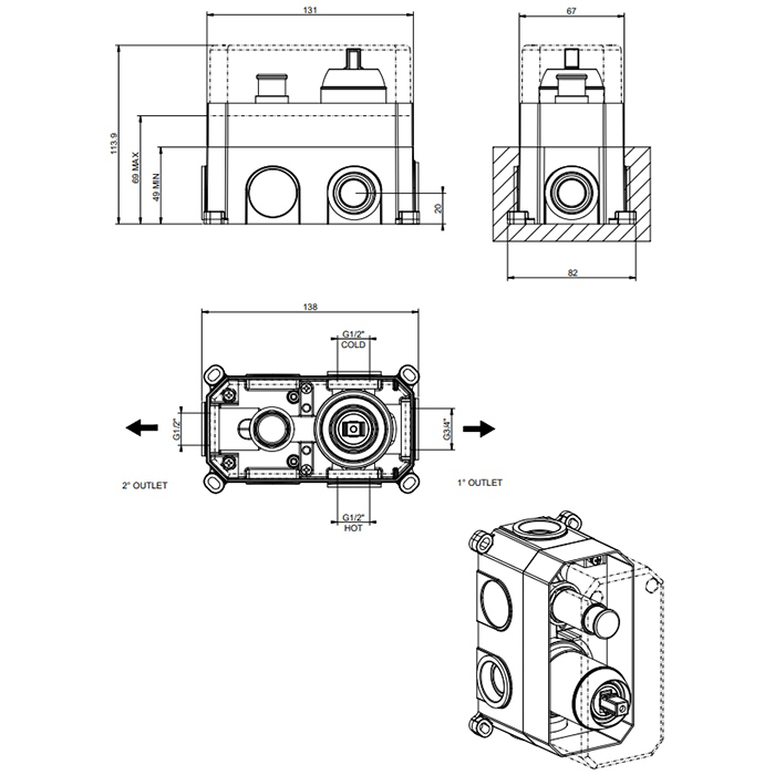 Gessi Emporio Via manzoni встраиваемая часть для смесителя на 2 выхода, цвет: Finox Brushed Nickel - Gidratop.ru изображение