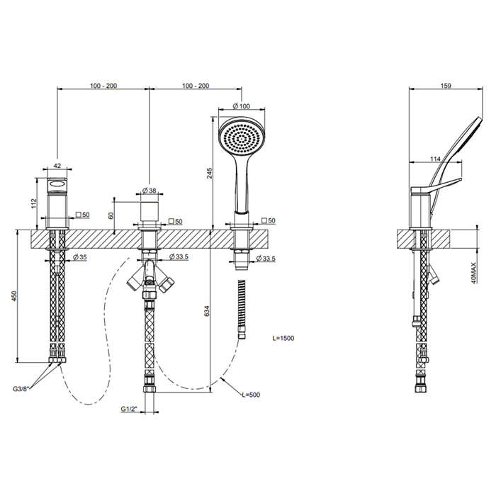 GESSI Rilievo смеситель на борт ванны на 3 отв, с убирающаяся душевой лейкой, для наполнения через слив-перелив, цвет: хром - Gidratop.ru изображение