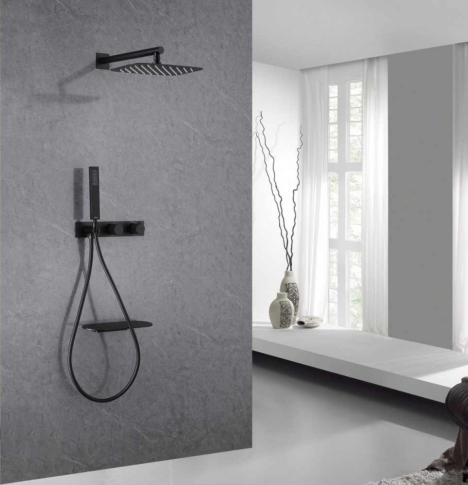 Душевая система ABBER Rund AF8750B скрытого монтажа с изливом, термостат, черная матовая - Gidratop.ru изображение