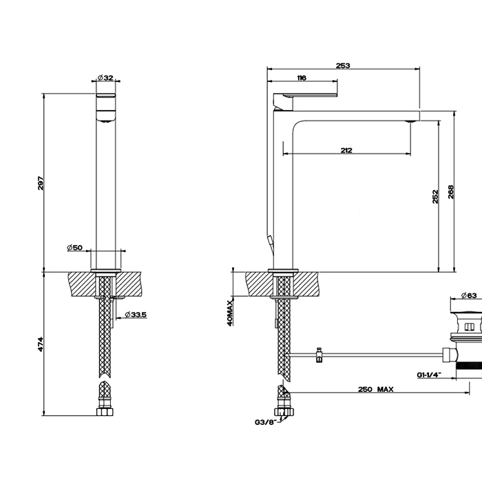 Gessi Emporio Via manzoni смеситель для раковины высокий с донным клапаном и соединительными шлангами, цвет: Chrome - Gidratop.ru изображение