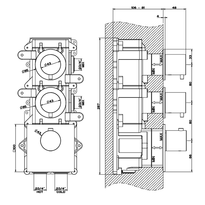 GESSI 316 встраиваемый термостатический смеситель на 2 источника, резьба 3/4 (внешние части), цвет: brushed black metal pvd - Gidratop.ru изображение