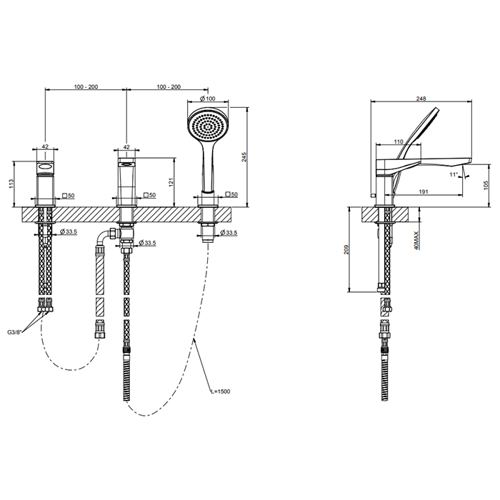 GESSI Rilievo смеситель на борт ванны на 3 отв, с убирающаяся душевой лейкой , цвет: nero XL - Gidratop.ru изображение