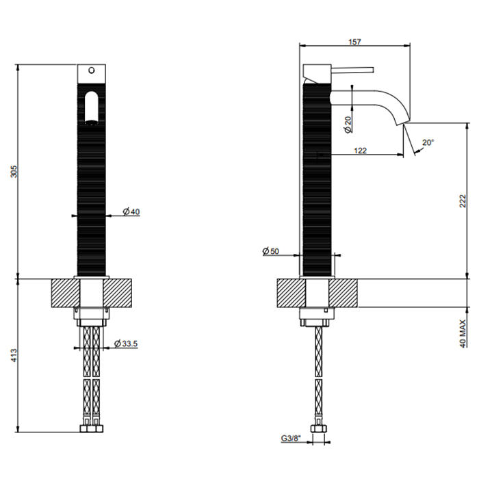 GESSI 316 смеситель для раковины на 1 отверстие, высокий, h=305мм, без донного клапана, излив 123мм, цвет: brushed black metal pvd - Gidratop.ru изображение