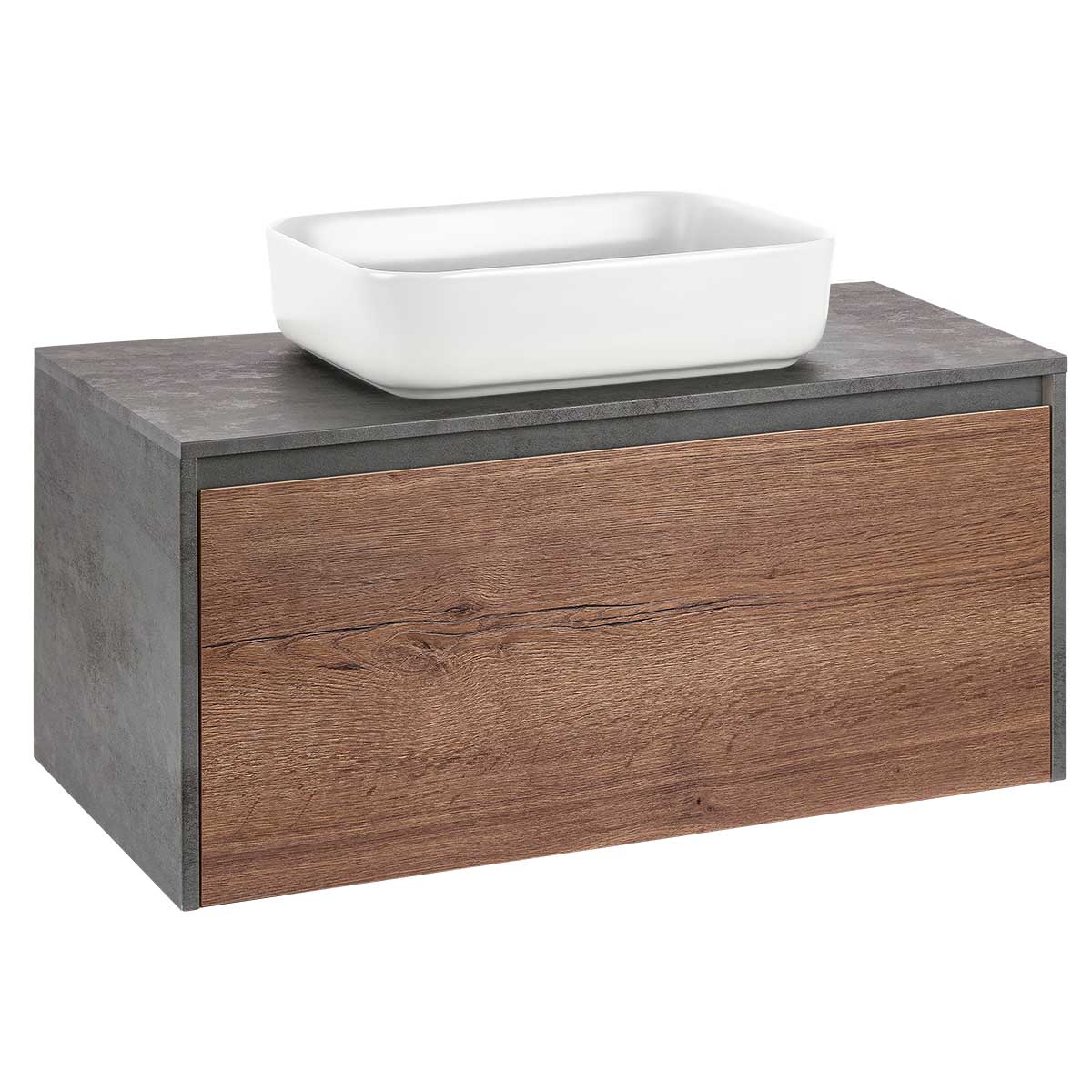 База под накладную раковину Mesa 1000 подвесная, 1 выкатной/1 скрытый ящик soft close, T.Oak + Beton - Gidratop.ru изображение