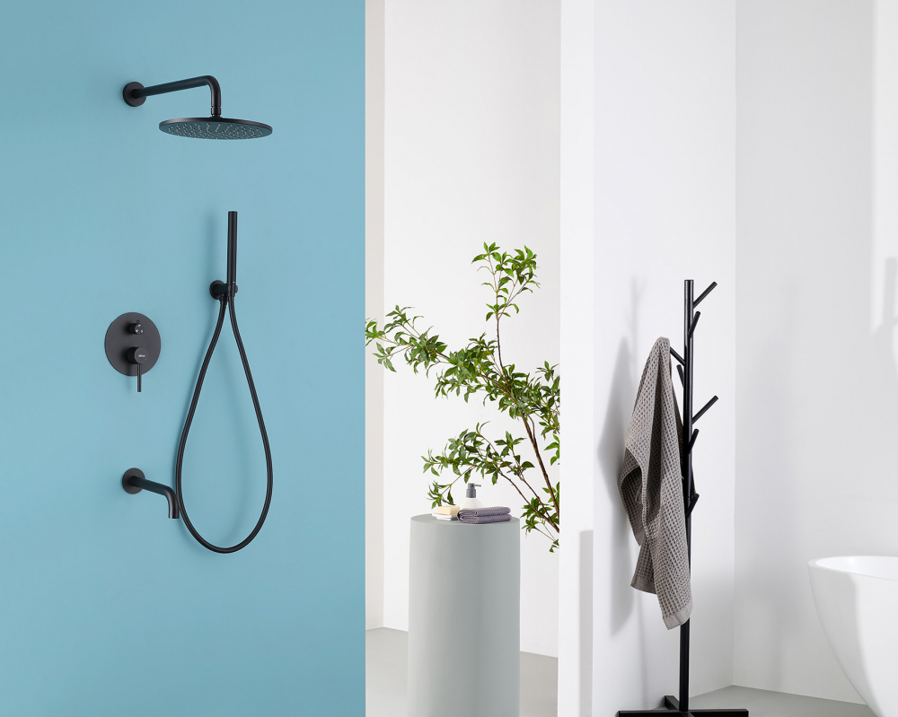 Душевая система ABBER Wasser Kreis AF8117B скрытого монтажа с изливом, черная матовая - Gidratop.ru изображение