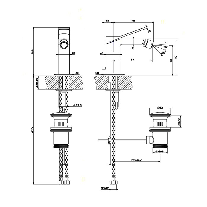 Gessi Rettangolo K смеситель для биде на 1 отверстие, с донным клапаном, цвет: черный - Gidratop.ru изображение