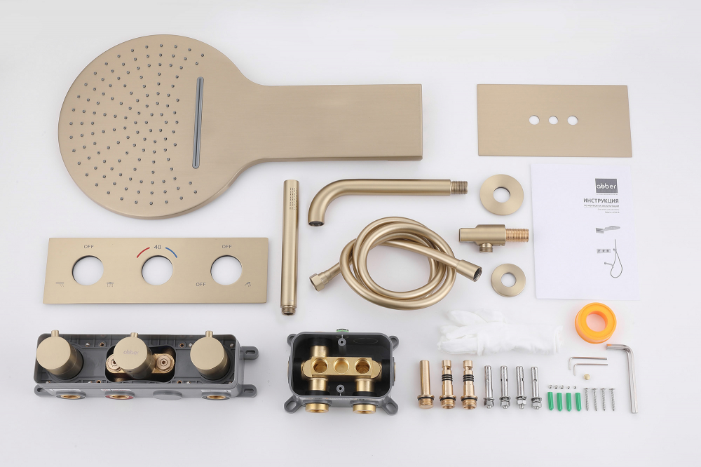 Душевая система ABBER Wasser Kreis AF8150G скрытого монтажа с изливом, термостат, золото матовое - Gidratop.ru изображение