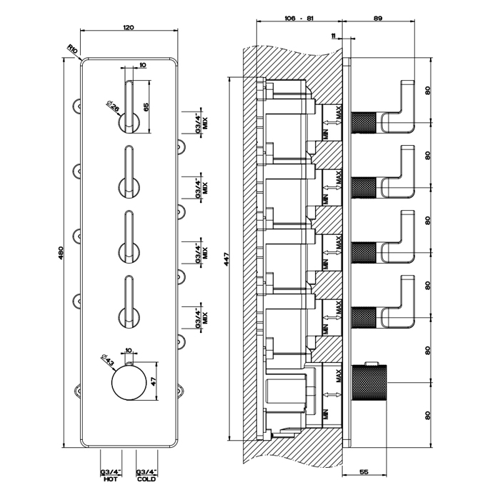 GESSI INCISO встраиваемый термостатический смеситель на 4 источника, резьба 3/4 (внешние части), цвет: nero XL - Gidratop.ru изображение