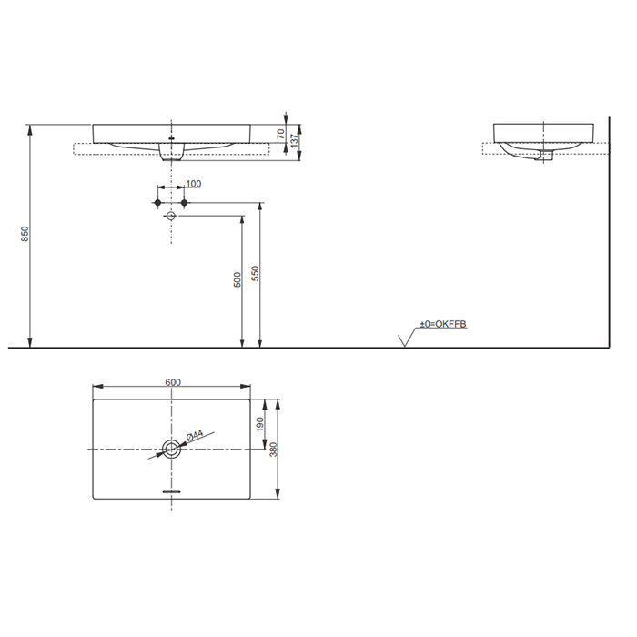 TOTO TR Lavatory Раковина 600x380x137(70) мм, полувстр, без отв. под смесит, с переливом, CeFiONtect, LinearCeram цвет: белый (без арматуры слива) - Gidratop.ru изображение