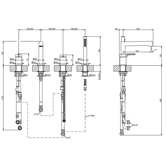 GESSI INGRANAGGIO смеситель для установки на борт ванны на 4 отверстия, с ручным душем, цвет Black Metal Brushed PVD - Gidratop.ru изображение