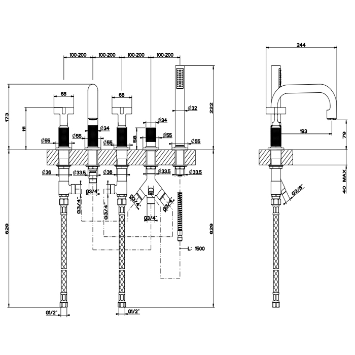 GESSI INCISO смеситель для ванны на 5 отверстий с изливом, переключателем, ручным душем и шлангом 1,50 м, цвет: золото - Gidratop.ru изображение