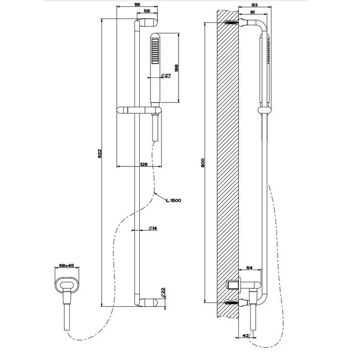 Gessi Goccia душевая штанга с ручным душем и выводом воды из стены, цвет: шлифованный хром - Gidratop.ru изображение