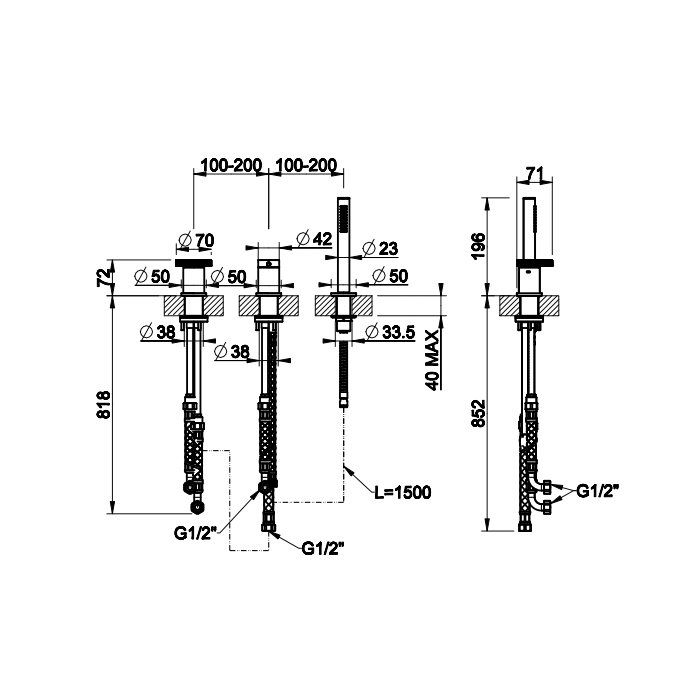 Gessi Anello смеситель для ванны на 3 отверстия, девиатор, шланг, лейка. Наполнение через слив-перелив, цвет: хром - Gidratop.ru изображение