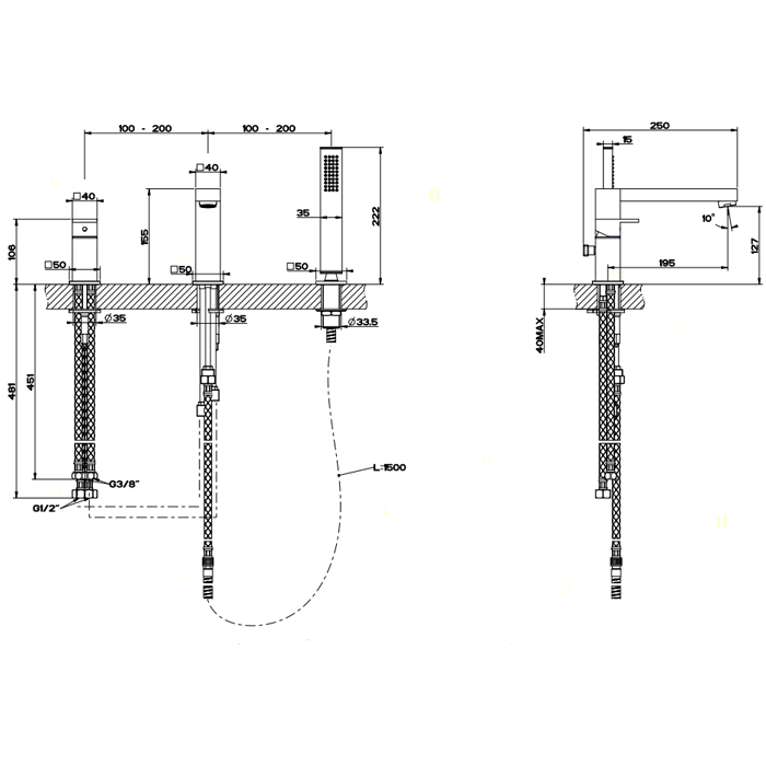 Gessi Rettangolo смеситель для ванны на 3 отверстия, с переключателем, изливом 195мм и ручным душем, цвет: хром - Gidratop.ru изображение