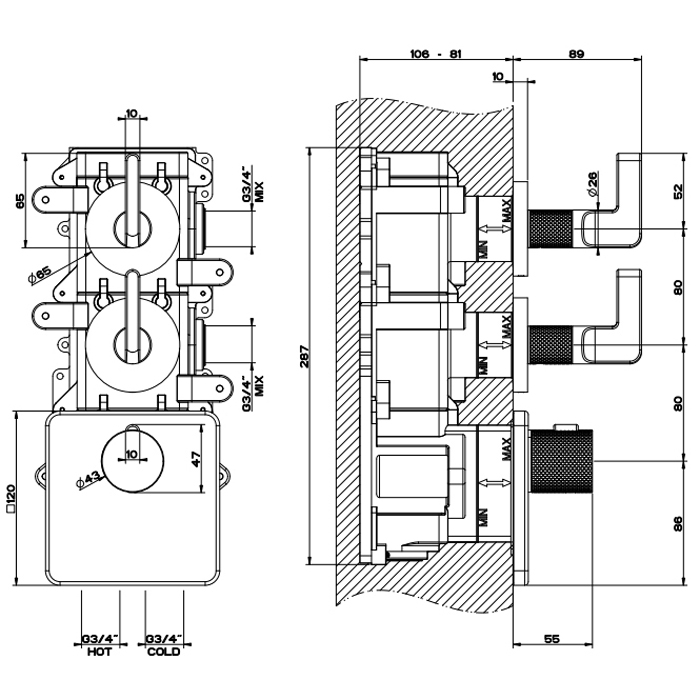GESSI INCISO встраиваемый термостатический смеситель на 2 источника, резьба 3/4 (внешние части), цвет: nero XL - Gidratop.ru изображение