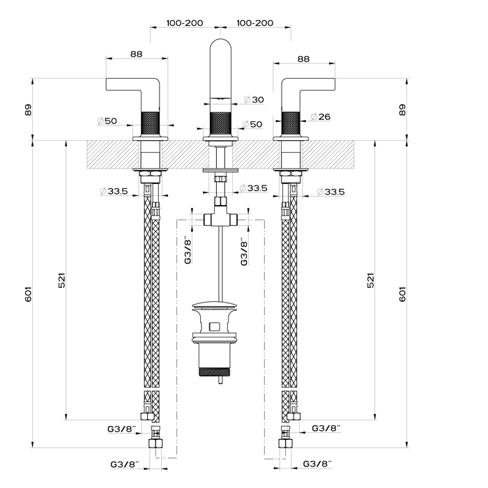 GESSI INCISO смеситель для раковины на 3 отверстия с донным клапаном, излив 140мм, h=145мм Цвет: nero XL - Gidratop.ru изображение