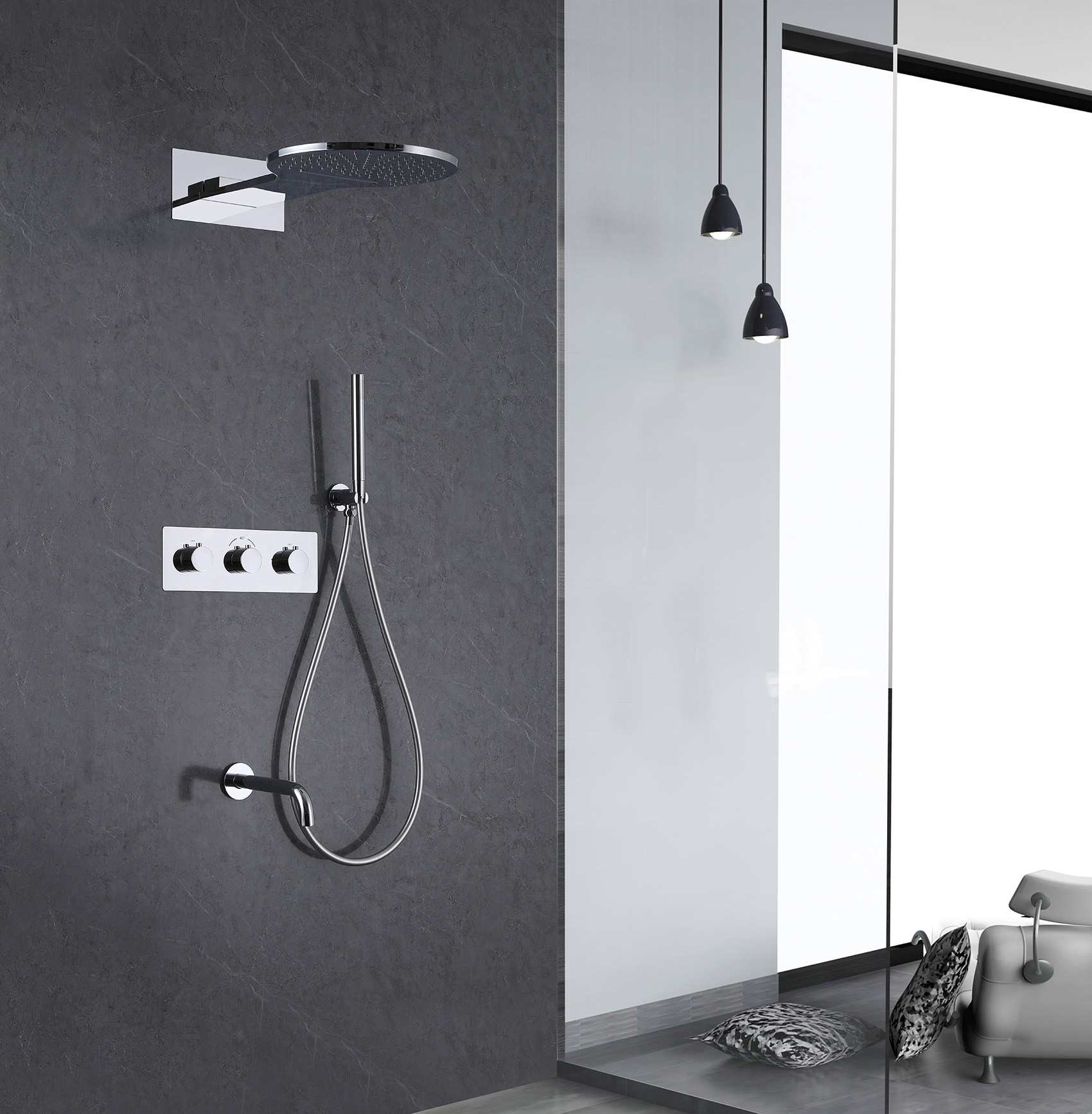 Душевая система ABBER Wasser Kreis AF8150 скрытого монтажа с изливом, термостат, хром - Gidratop.ru изображение