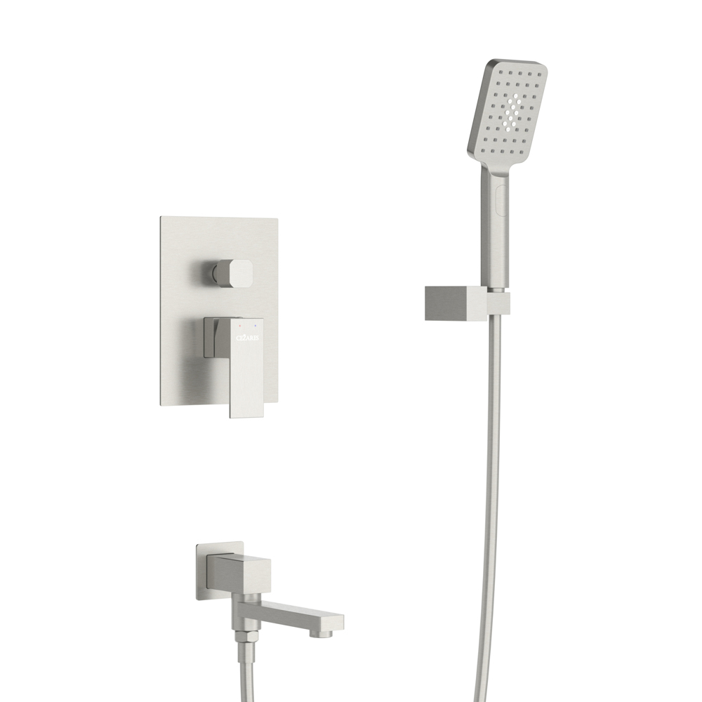 SLIDER-VDSET-IN Душевой комплект встраиваемый с изливом (смеситель встраиваемый, верхний душ, ручной душ со шлангом, излив, штуцер с держателем), сатин - Gidratop.ru изображение