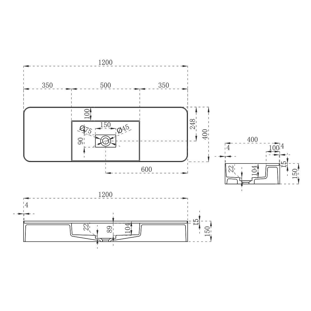 Раковина из искусственного камня Vincea VWB-6S312MW, 1200*400*150, подвесная, цвет белый матовый - Gidratop.ru изображение