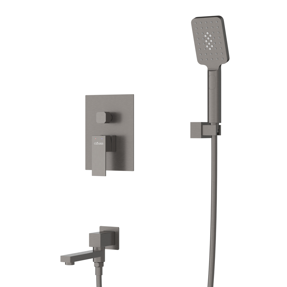 SLIDER-VDSET-GM Душевой комплект встраиваемый с изливом (смеситель встраиваемый, верхний душ, ручной душ со шлангом, излив, штуцер с держателем), оружейная сталь - Gidratop.ru изображение