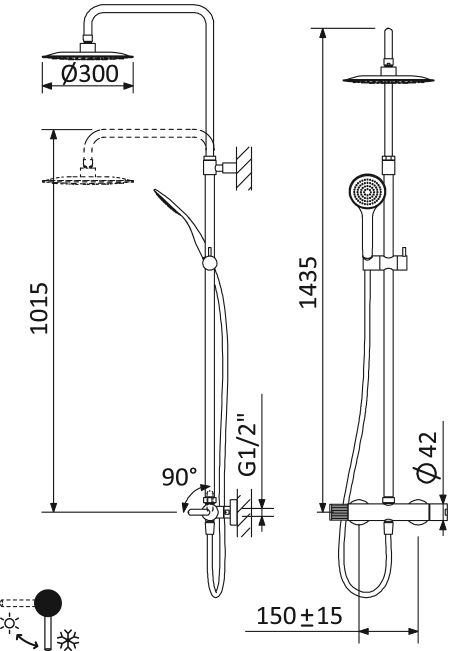 LEAF-CDA-30-L-01 Душевая стойка телескопическая, с верхним и ручным душем, верхний душ диаметр 300 мм металл, исполнение Хром - Gidratop.ru изображение