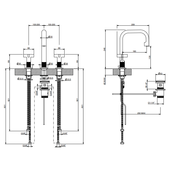 GESSI INCISO смеситель для раковины на 3 отверстия с донным клапаном, излив 160мм, h=240мм, цвет: золото - Gidratop.ru изображение