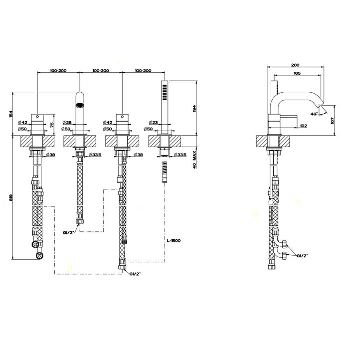 GESSI 316 смеситель для ванны на 4 отверстия, с переключателем, изливом и шлангом 1,50 м, цвет: steel brushed - Gidratop.ru изображение