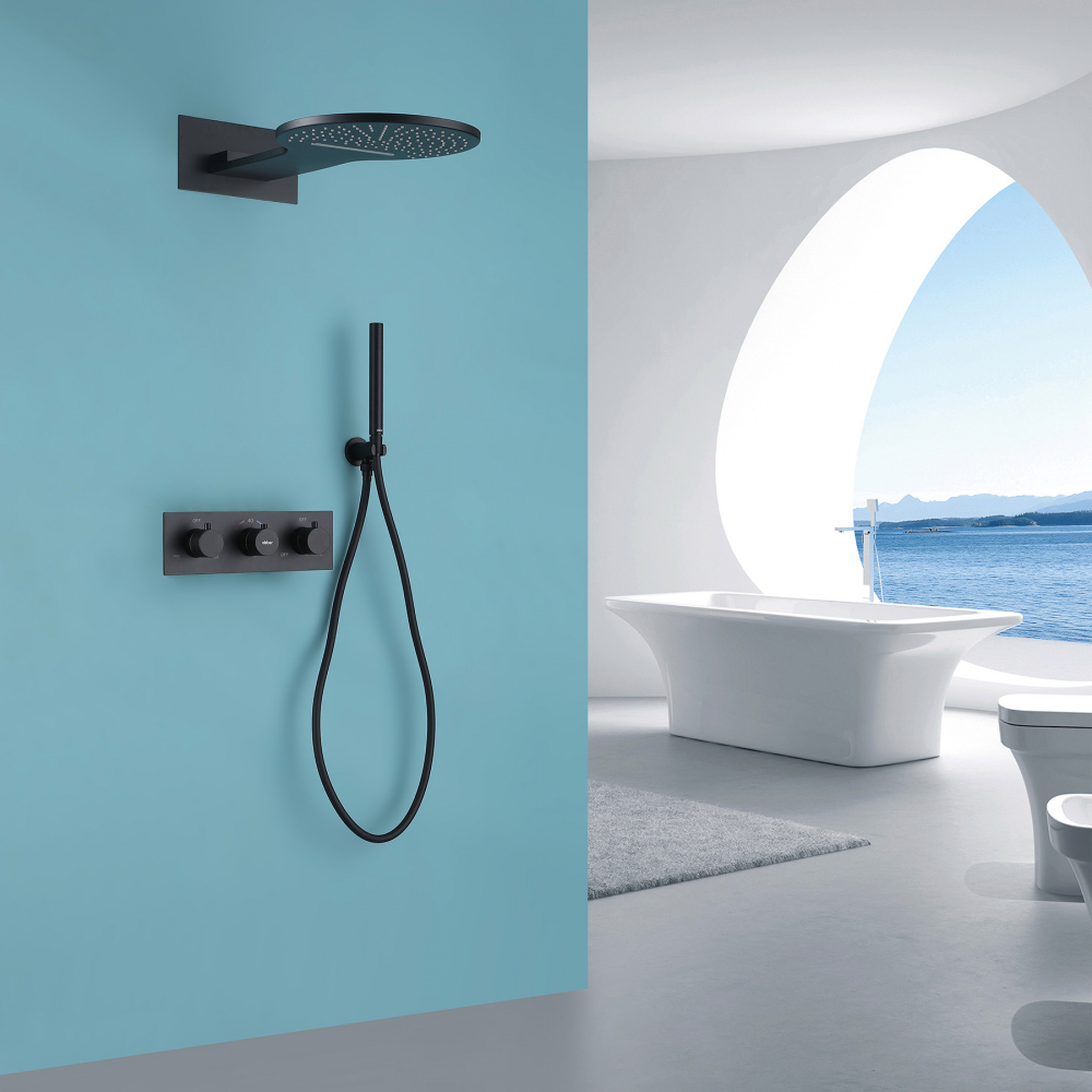 Душевая система ABBER Wasser Kreis AF8151B скрытого монтажа без излива, термостат, черный матовый - Gidratop.ru изображение