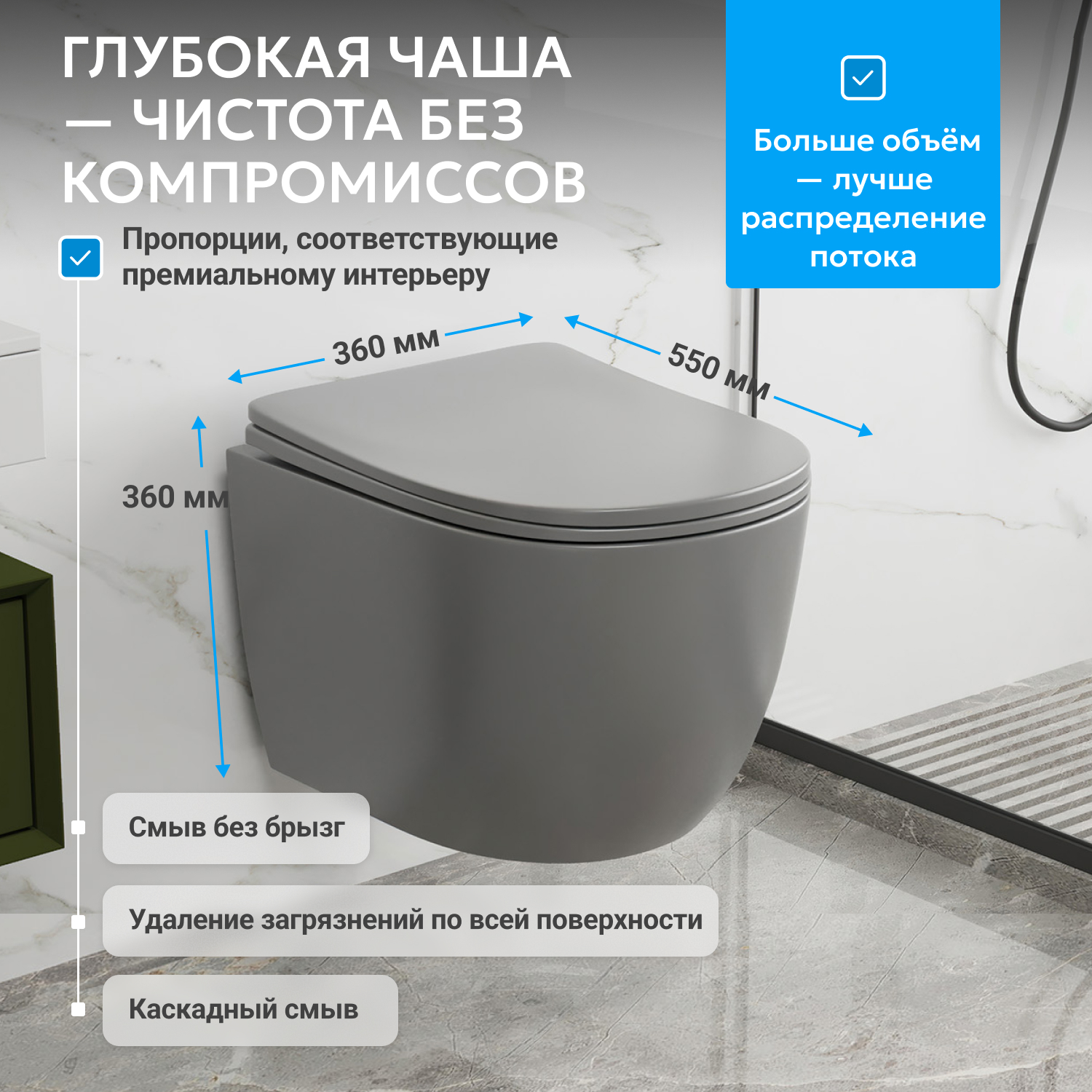 Унитаз ABBER Bequem AC1103MG подвесной серый, безободковый - Gidratop.ru изображение