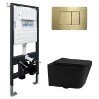 Комплект подвесной унитаз ABBER Rechteck AC1201MB черный матовый с инсталляцией AC0105 и кнопкой AC0120MMG золото матовое - Gidratop.ru изображение